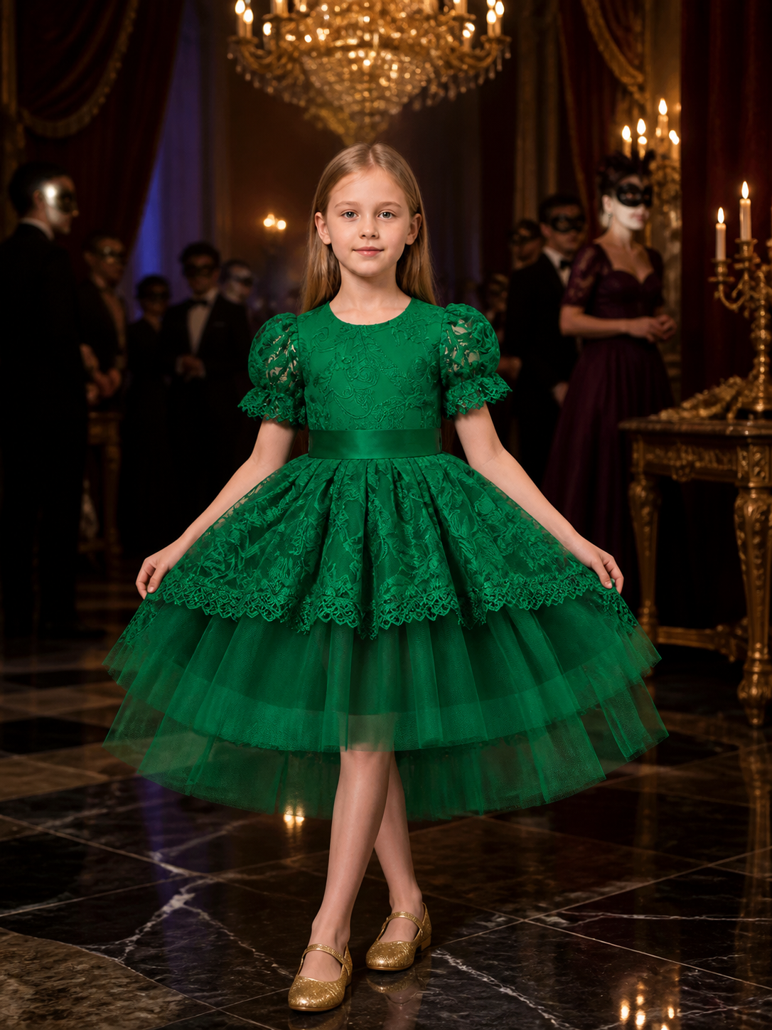 Girls' Dark Green Princess Party Dress with Lace Trim and Puff Sleeves Costume Dresses detail