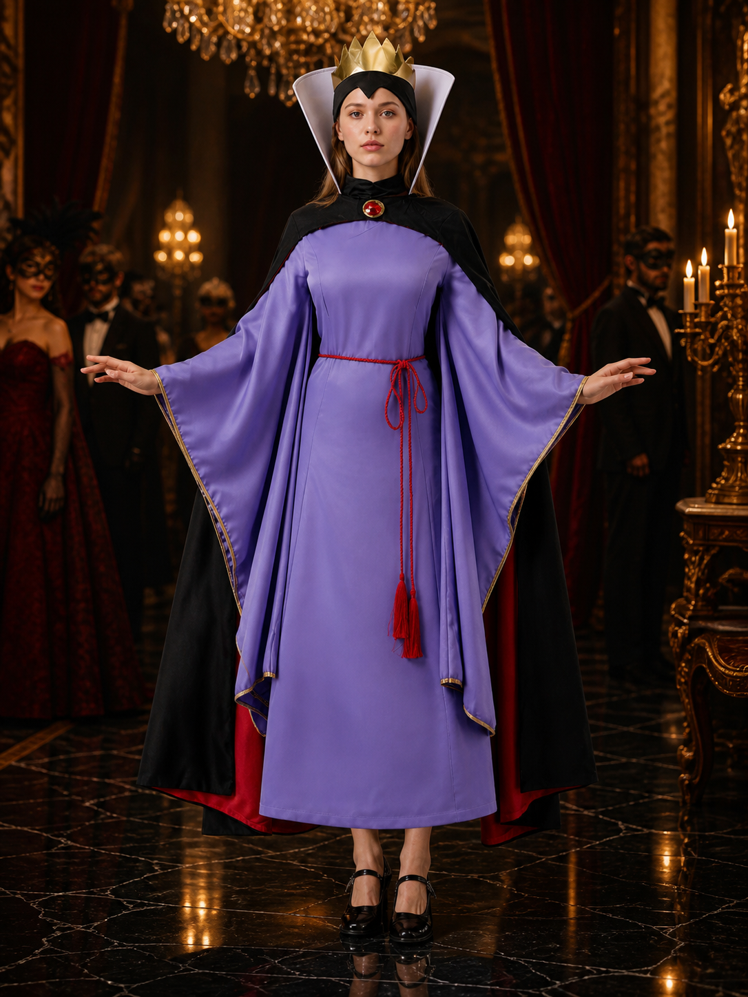 Snow Queen Halloween Costume Set - Purple Long Dress with Black Cape, Gold Costume Dresses detail