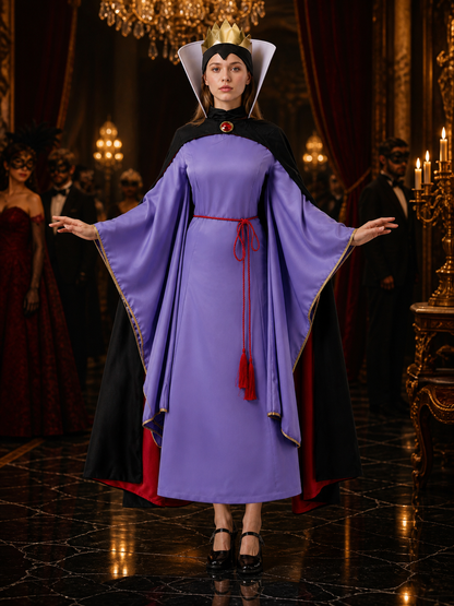 Snow Queen Halloween Costume Set - Purple Long Dress with Black Cape, Gold Costume Dresses detail