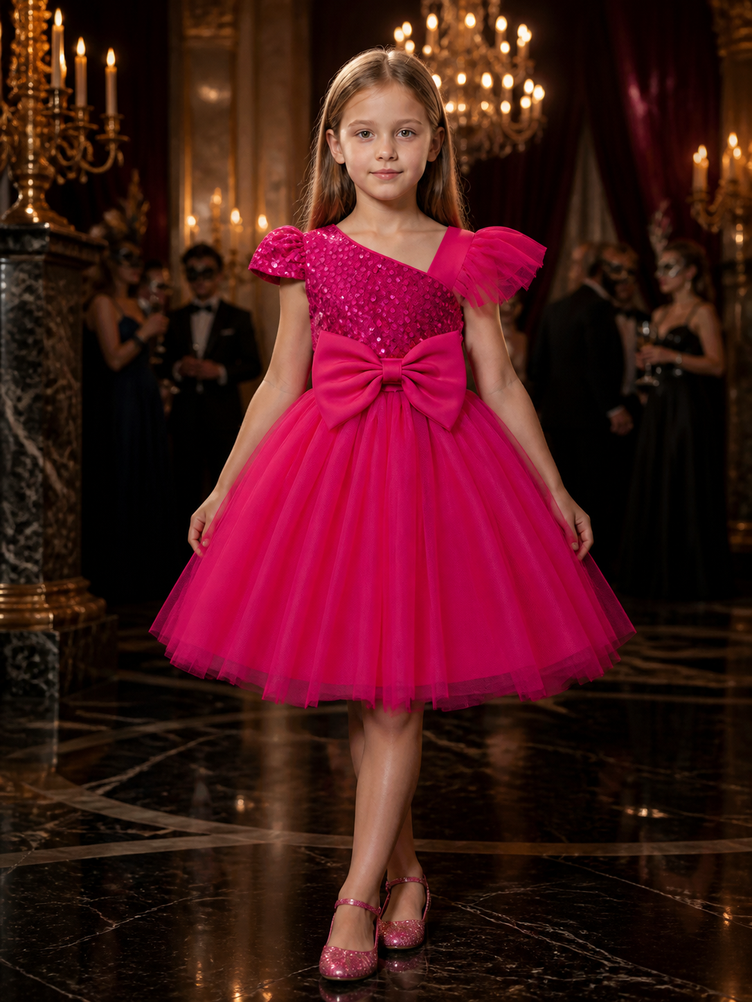 Girls' Rose Red Princess Dress, Sequined Bodice, Layered Tulle Skirt With Bow Costume Dresses detail