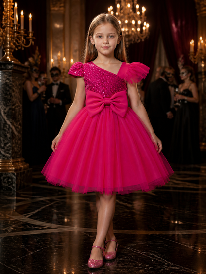Girls' Rose Red Princess Dress, Sequined Bodice, Layered Tulle Skirt With Bow Costume Dresses detail
