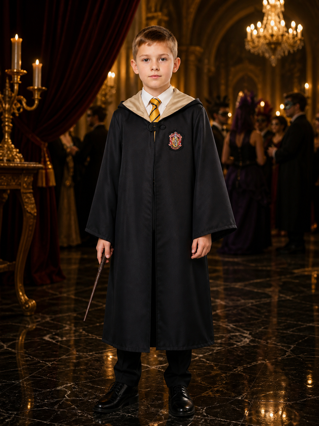 Children's Hufflepuff Wizard Robe Costume Set With Hooded Robe And Striped Tie Costumes detail