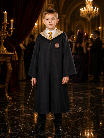 Children's Hufflepuff Wizard Robe Costume Set With Hooded Robe And Striped Tie Costumes detail