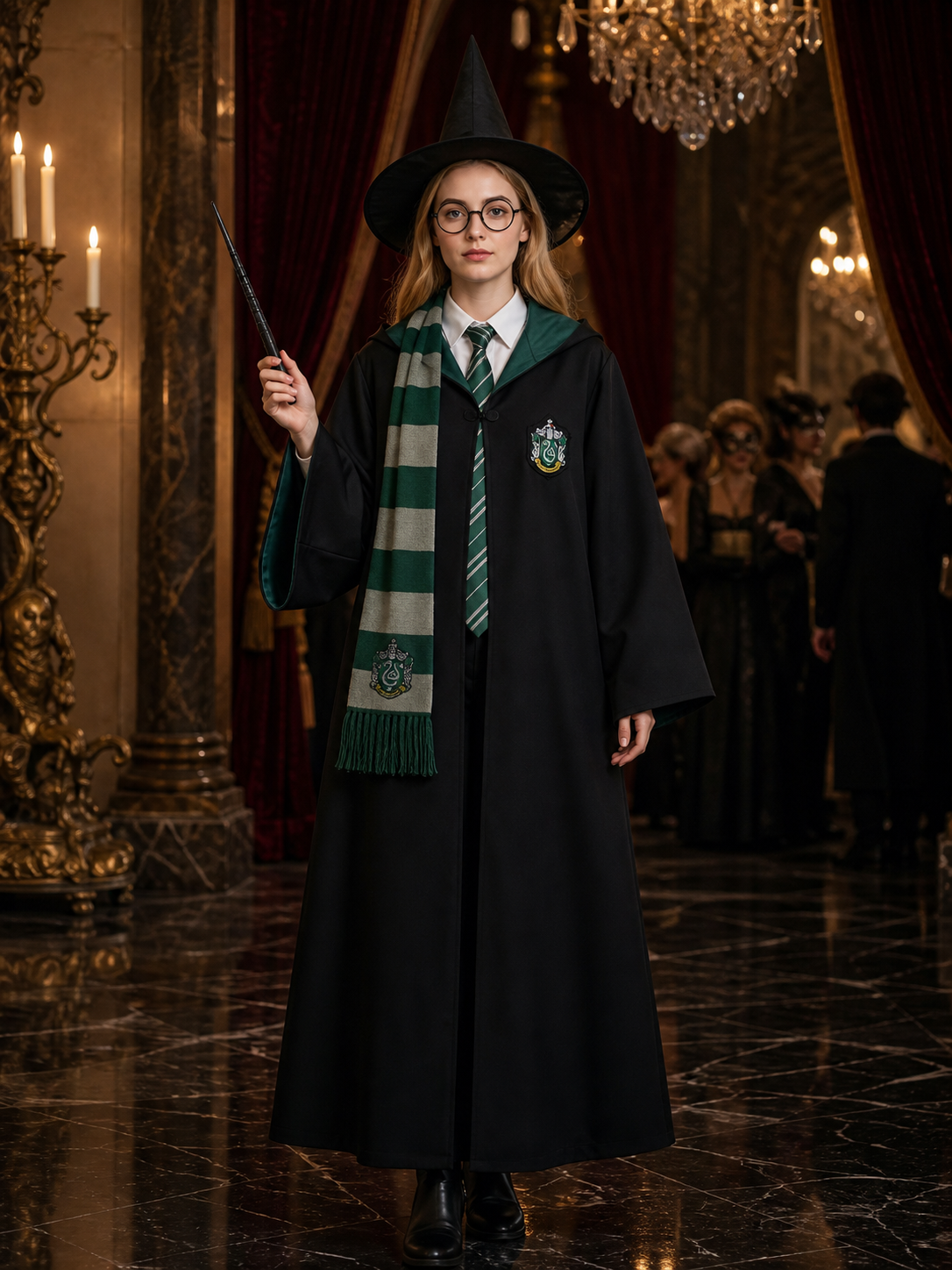 Green Wizard Costume Set: Hooded Robe, Hat, Tie, Scarf, Glasses & Wand Costume Headwear detail