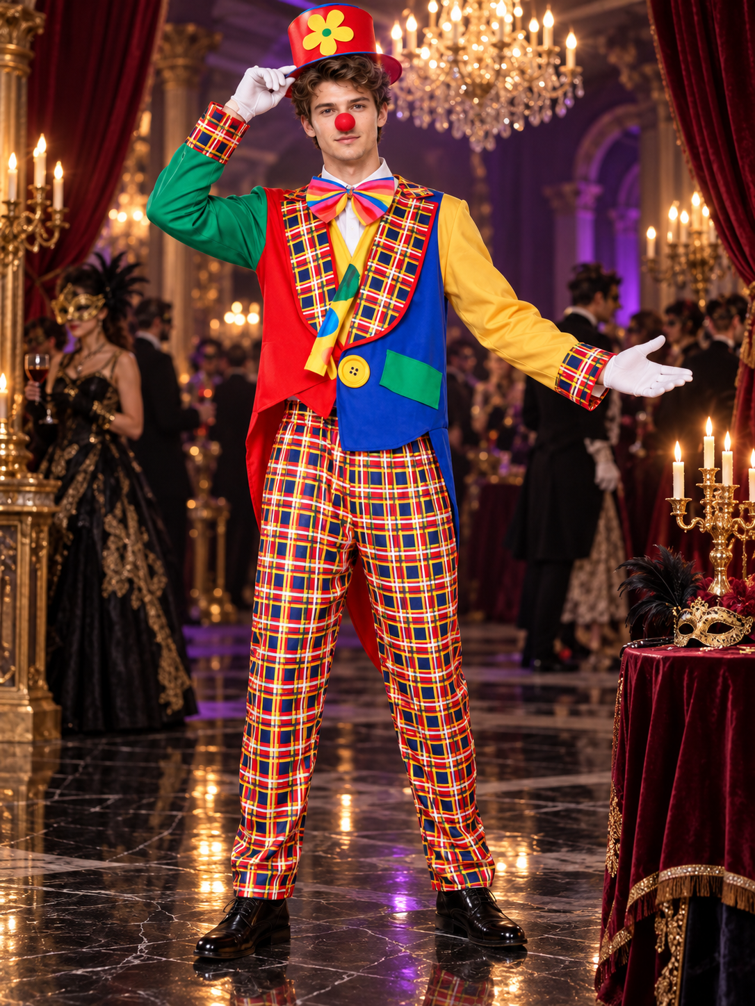 Adult Clown Costume Multicolor Plaid with Bow