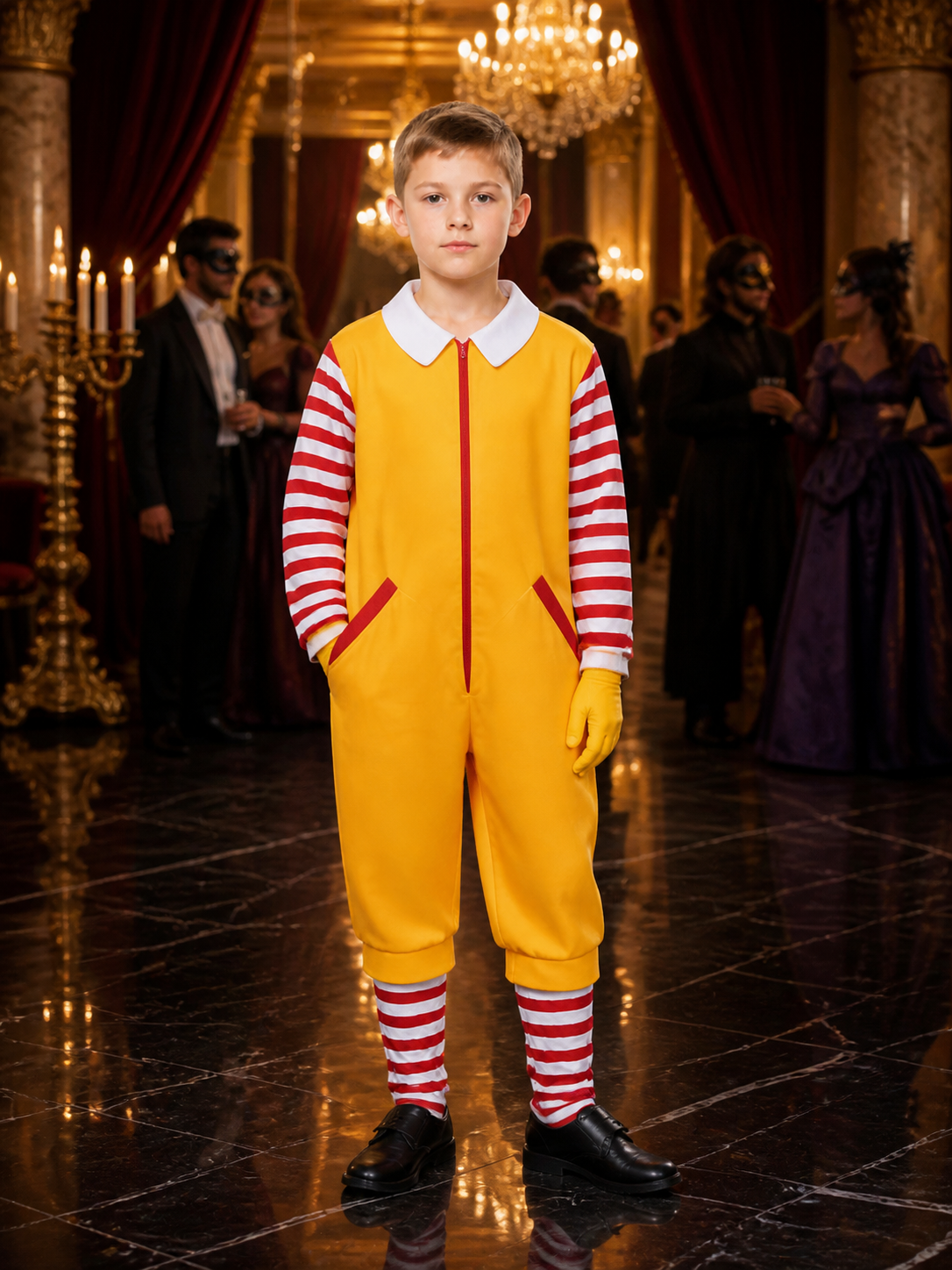 Yellow Clown Jumpsuit Costume, Red-White Striped Sleeves, Halloween Cosplay Costumes detail