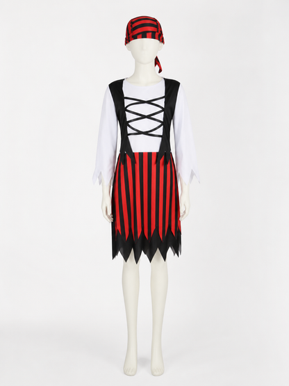 Kids' Red Black Pirate Costume Set with Striped Skirt and Hat, Halloween Outfit