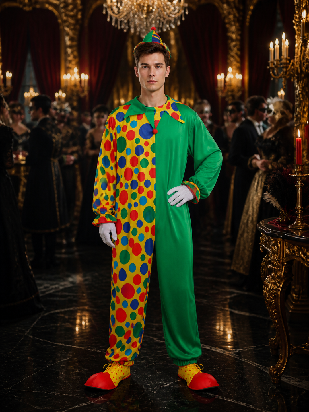 Unisex Jester Costume Jumpsuit, Colorful Polka Dot Clown Outfit with Hat Costume Headwear detail