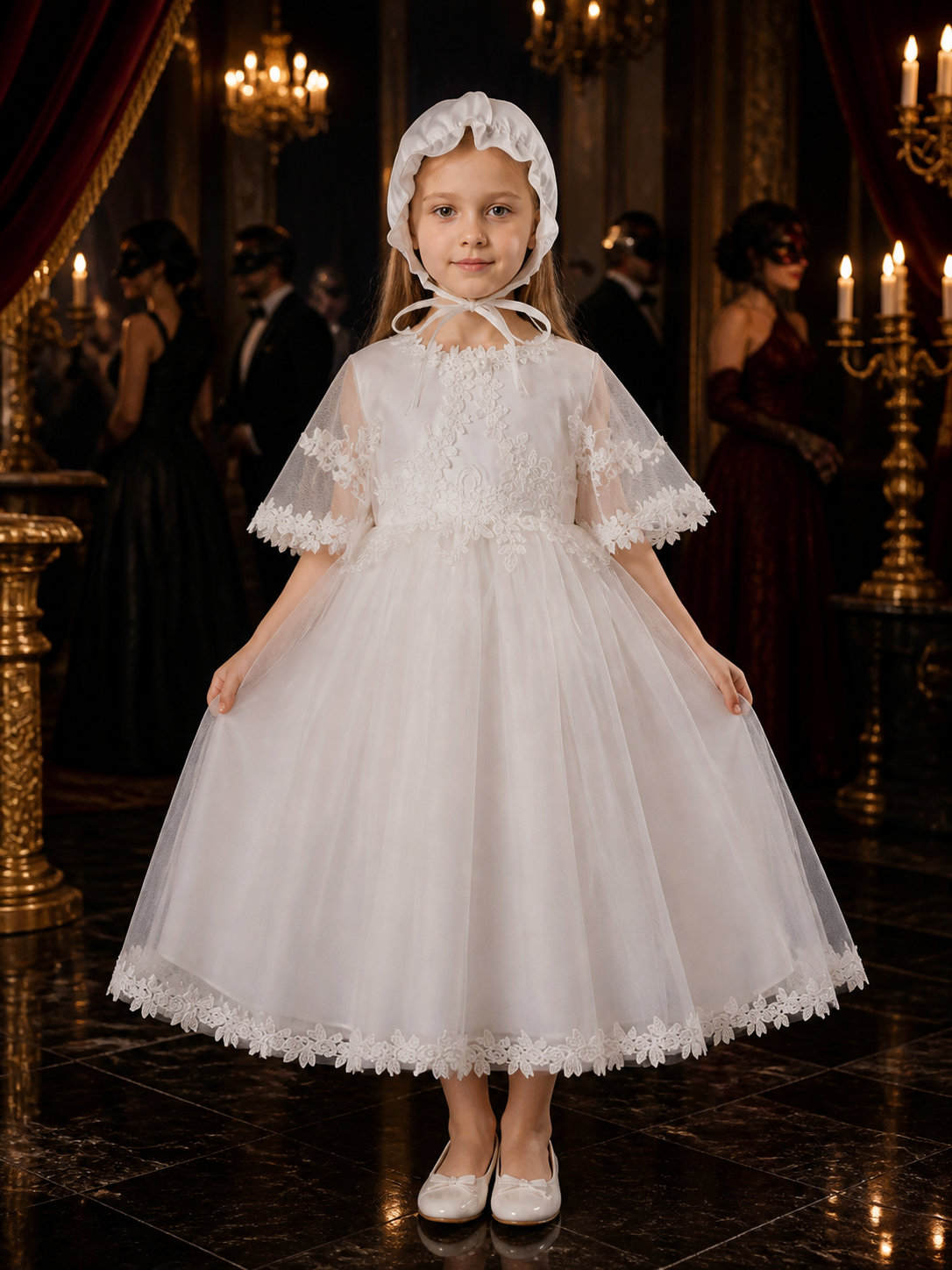 Baby Girls' White Princess Dress With Floral Trim And Ruffle Hat, Outfit Set Costume Dresses detail