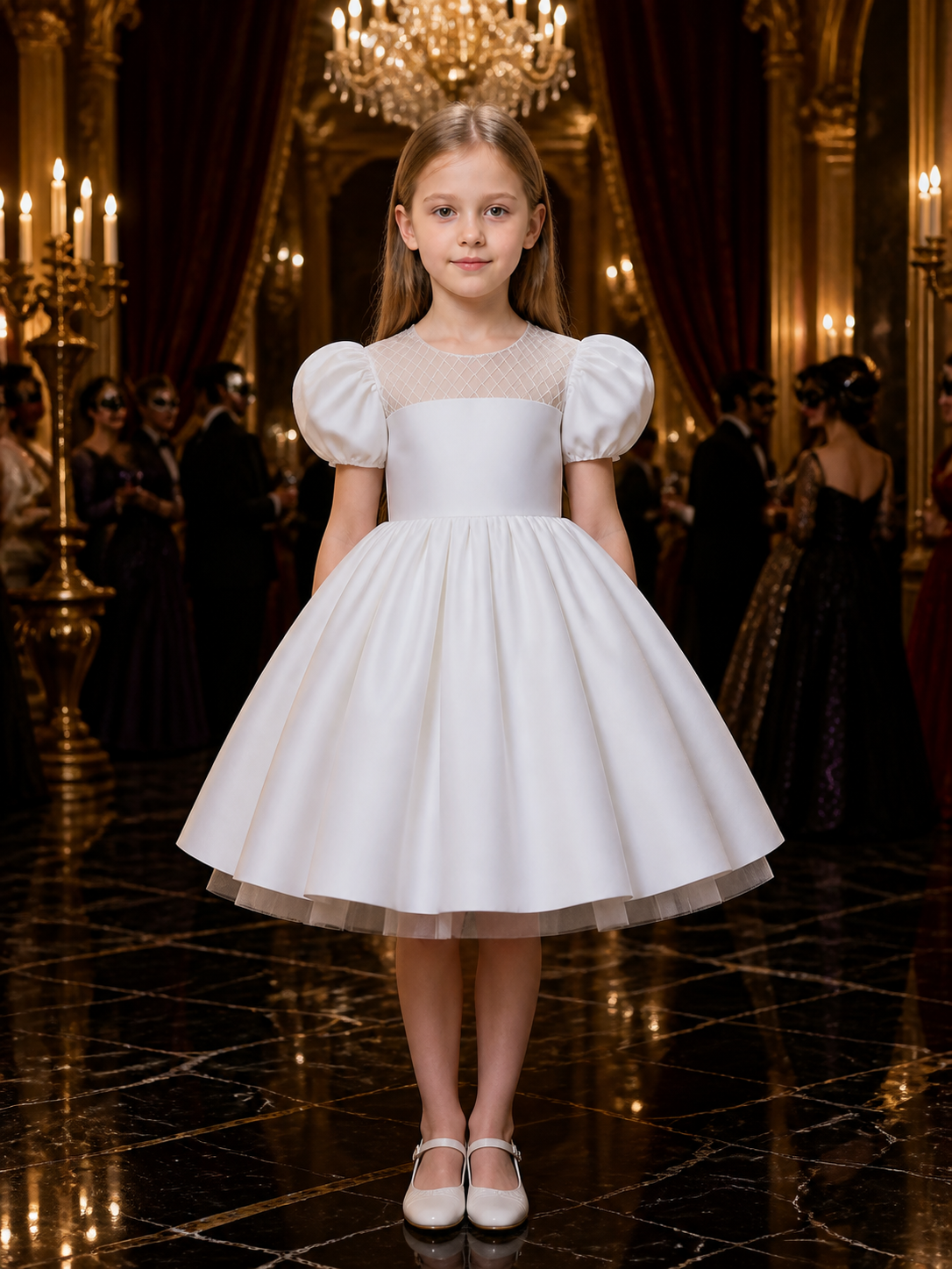 Girls' White Princess Dress With Puff Sleeves And Pleated Full Skirt Costume Dresses detail