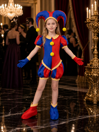 Red and blue jester costume with puff sleeves and striped bloomer shorts worn at a ballroom party