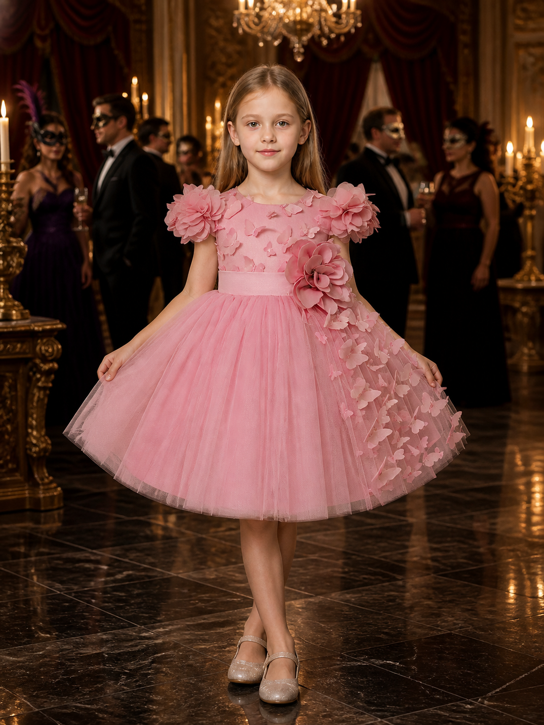 Toddler Girls' Pink Princess Dress, Sleeveless Tulle Party Dress With 3D Flowers Costume Dresses detail