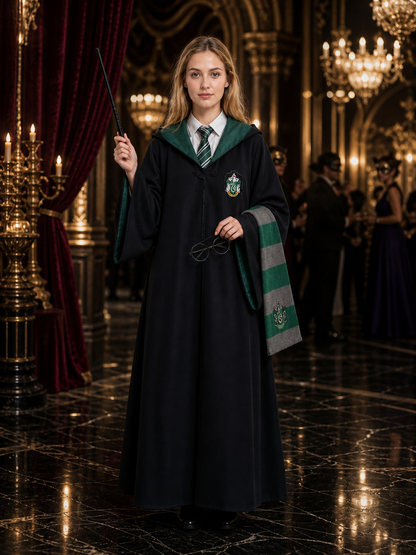 Slytherin Wizard Robe Costume Set for Halloween with Scarf, Tie, Glasses & Wand