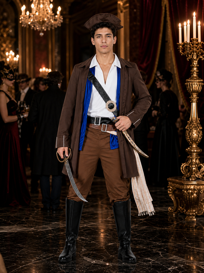 Adult Pirate Costume Set with Long Coat, Vest, Shirt, Hat, Belts, Pants and Boot Costume Headwear detail