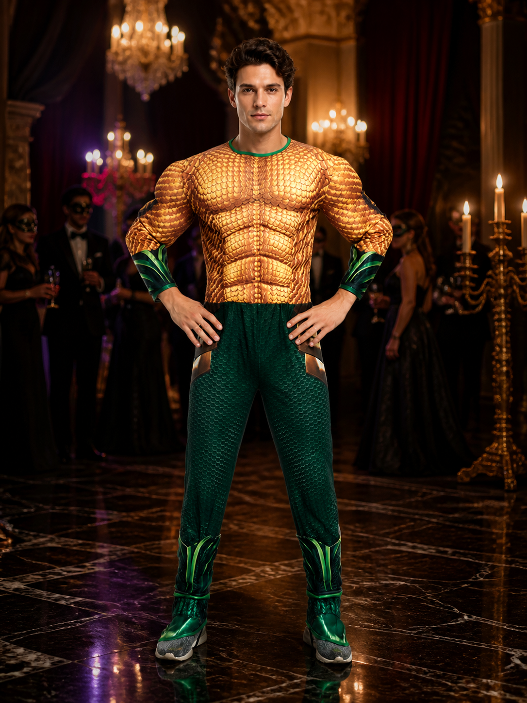 Adult Aquaman Muscle-Design Scaled Bodysuit Costume, Long Sleeve
