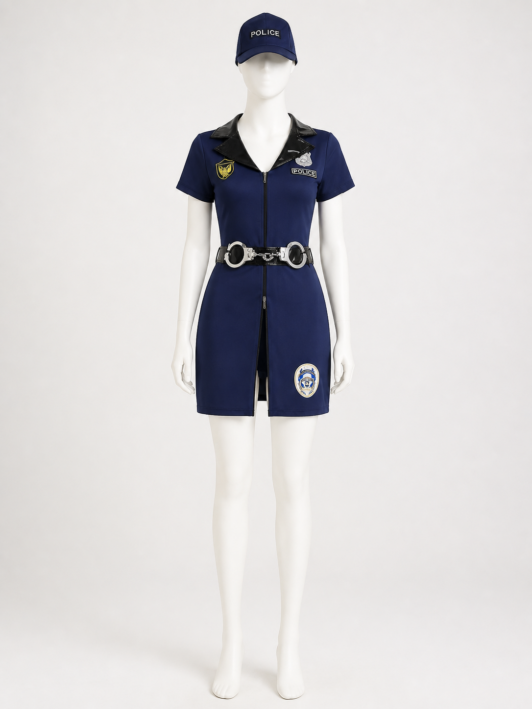 Women's Police Officer Costume Set, Short-Sleeve Jumpsuit With Hat, Belt And Costume Headwear detail