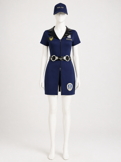 Women's Police Officer Costume Set, Short-Sleeve Jumpsuit With Hat, Belt And Costume Headwear detail