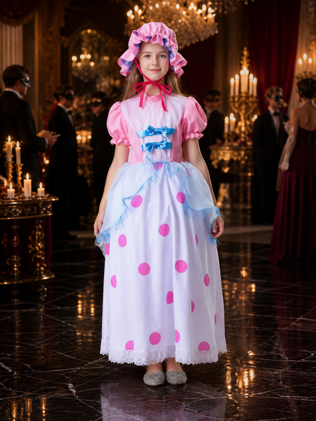 Girl's Shepherdess Costume Dress with Bonnet, Polka Dots, Vintage Style Costume Dresses detail