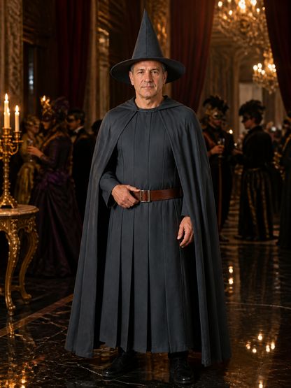 Unisex Wizard Costume Set With Dark Gray Robe, Pointed Hat, Belt, And Cape Costume Capes detail