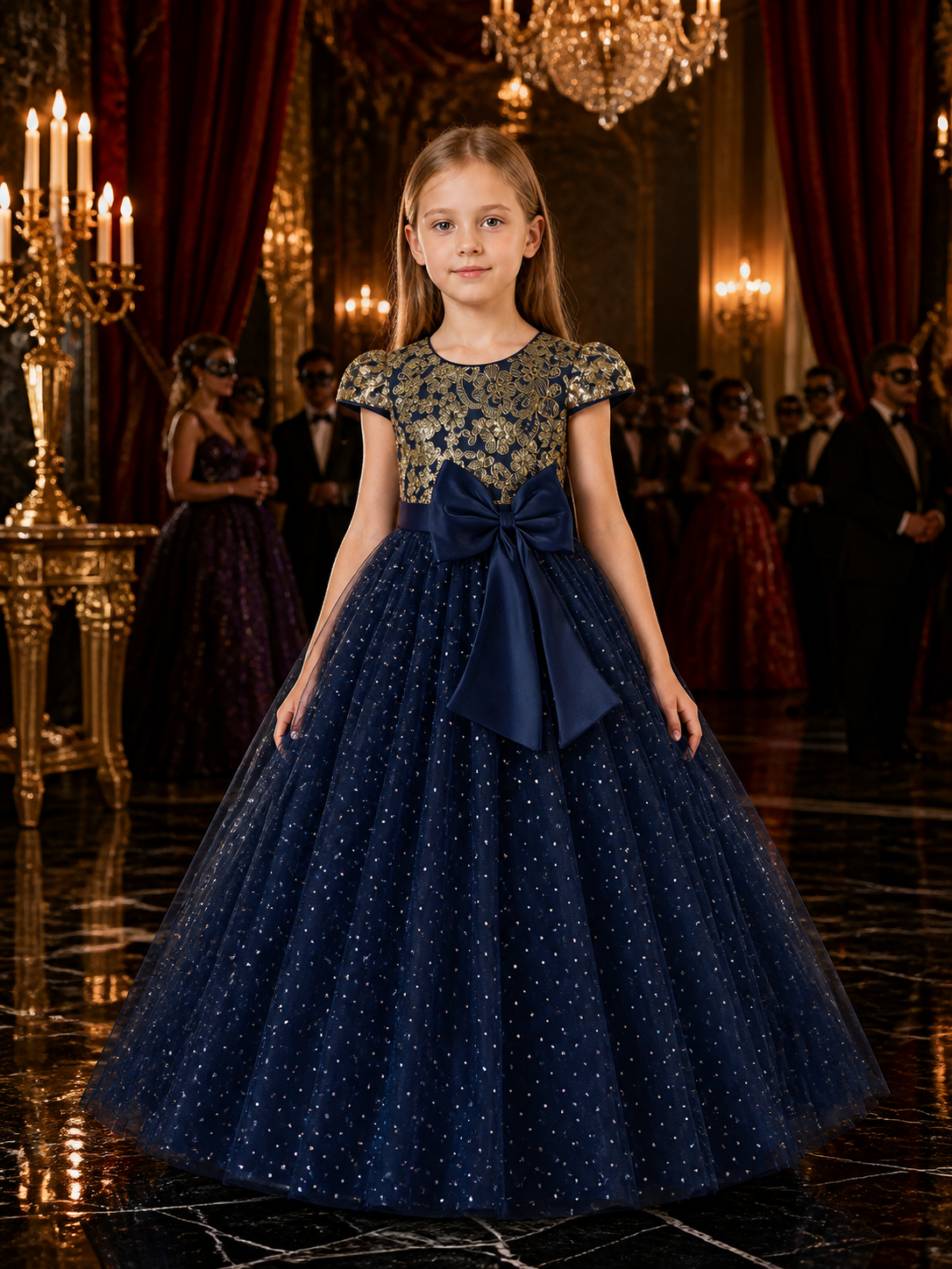 Girls' Navy Blue Princess Party Dress with Gold Embroidery, Bow, and Glitter Dot Costume Dresses detail