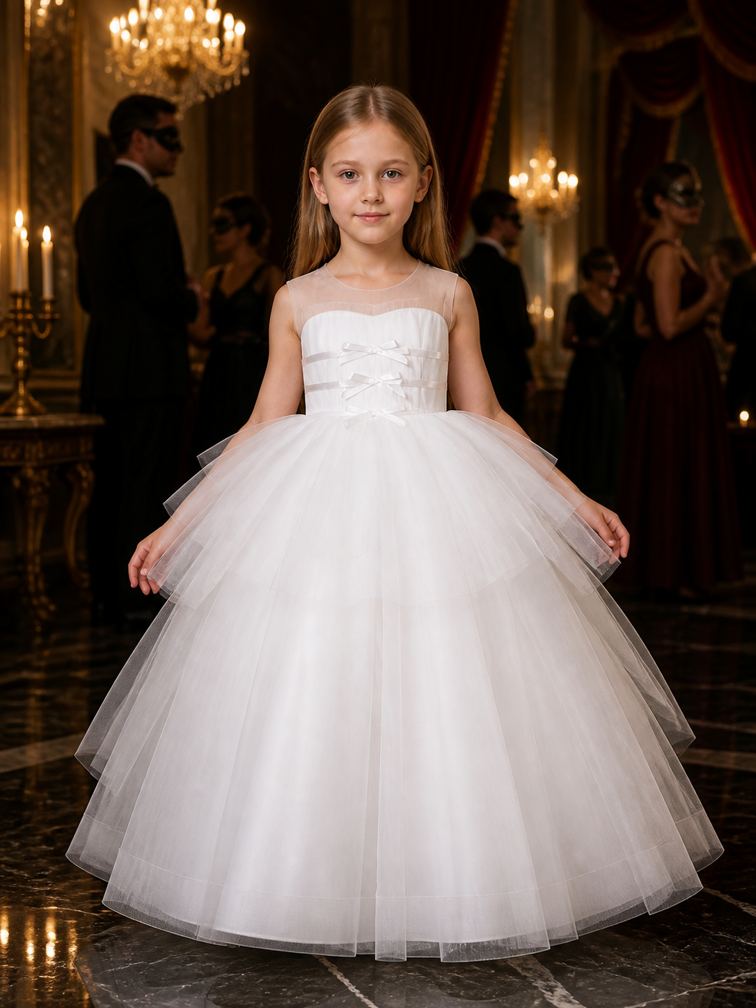 Girls' White Princess Dress, Sleeveless Layered Tulle Floor-Length Gown
