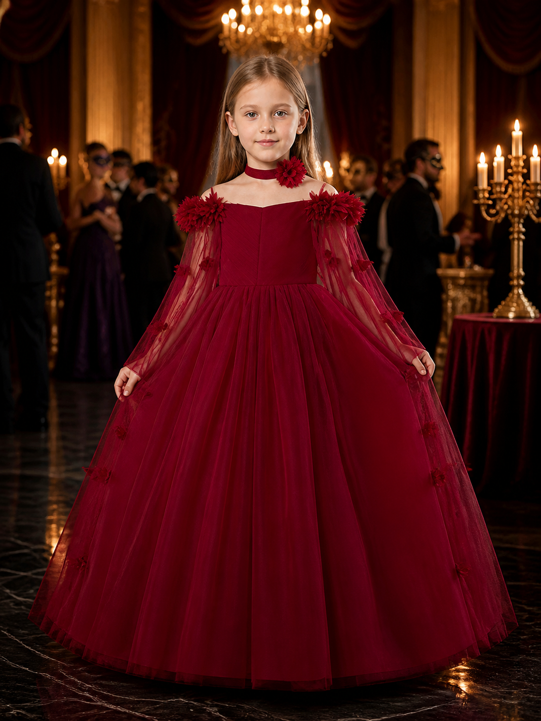 Girls’ Maroon Princess Dress with Tulle Ball Gown Skirt and Necklace