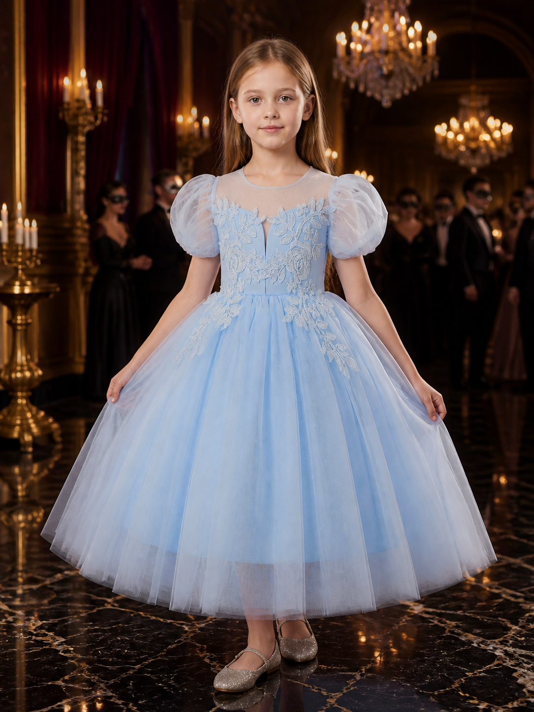 Girls' Light Blue Princess Dress with Puff Sleeves and Floral Embroidery Costume Dresses detail