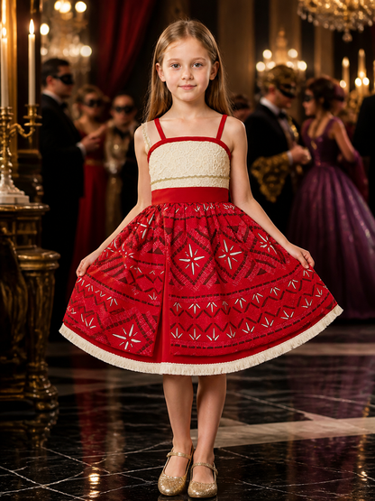 Girls' Princess Dress Costume, Red Geometric Print Lace Bodice Party Outfit With Costume Dresses detail