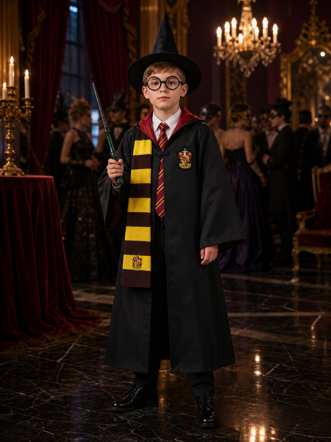 Wizard Costume Set With Hooded Robe, Shirt, Trousers, Tie, Scarf, Hat, Glasses & Costume Headwear detail