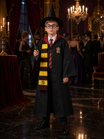 Wizard Costume Set With Hooded Robe, Shirt, Trousers, Tie, Scarf, Hat, Glasses & Costume Headwear detail
