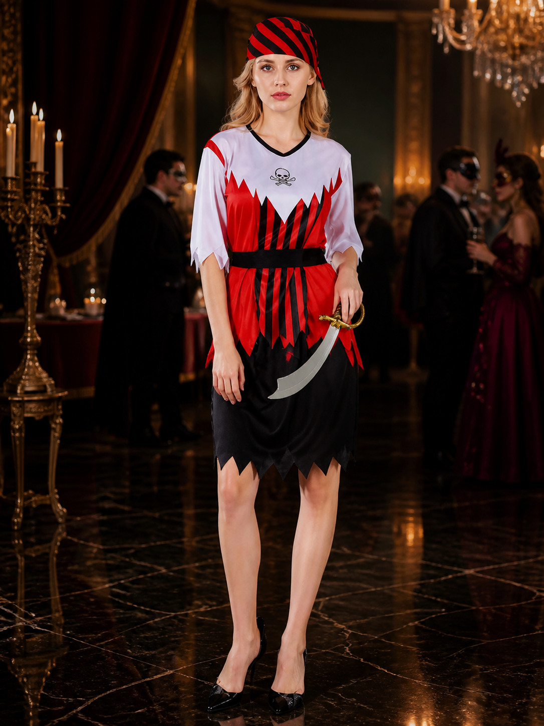 Unisex Adult Pirate Costume Set with Skull Print Top, Jagged Hem Skirt, Red