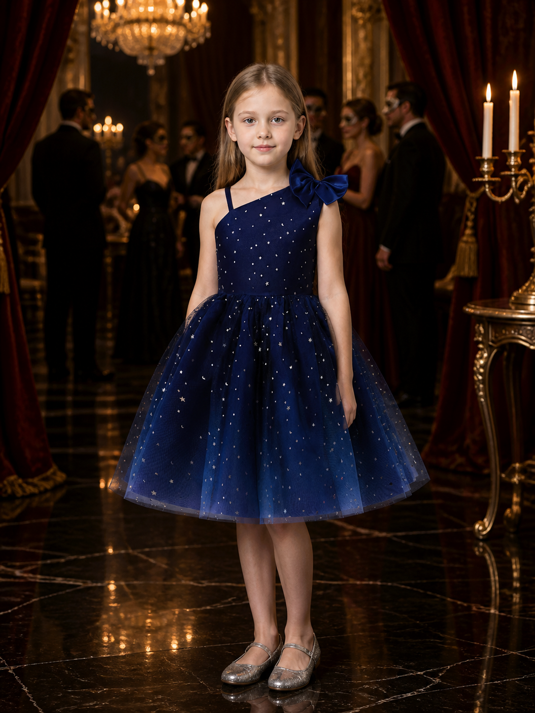 Girls' Navy Princess Dress With Star Moon Sequins, Mesh A-Line Skirt Costume Dresses detail