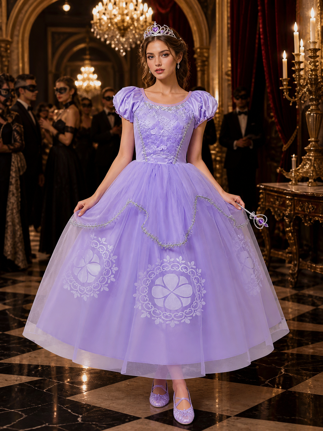 Sofia Princess Costume Set for Girls, White Purple Puffy Dress with Crown and Costume Dresses detail