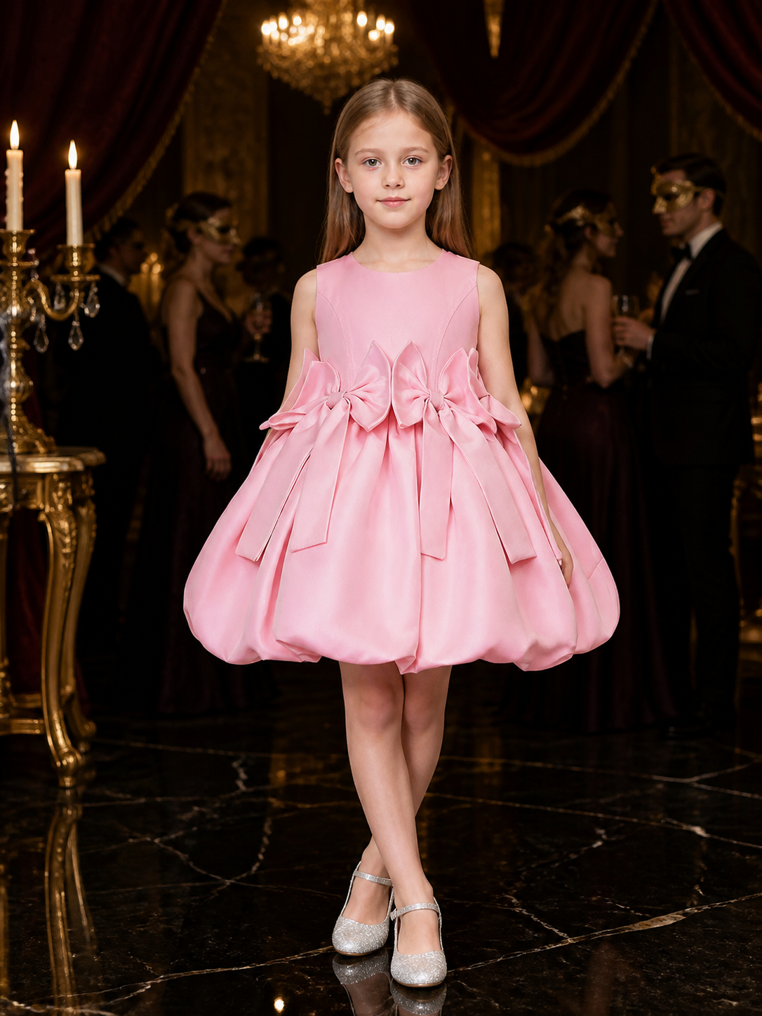 Girls' Pink Princess Dress, Sleeveless Puffy Skirt With Multiple Bow Details Costume Dresses detail
