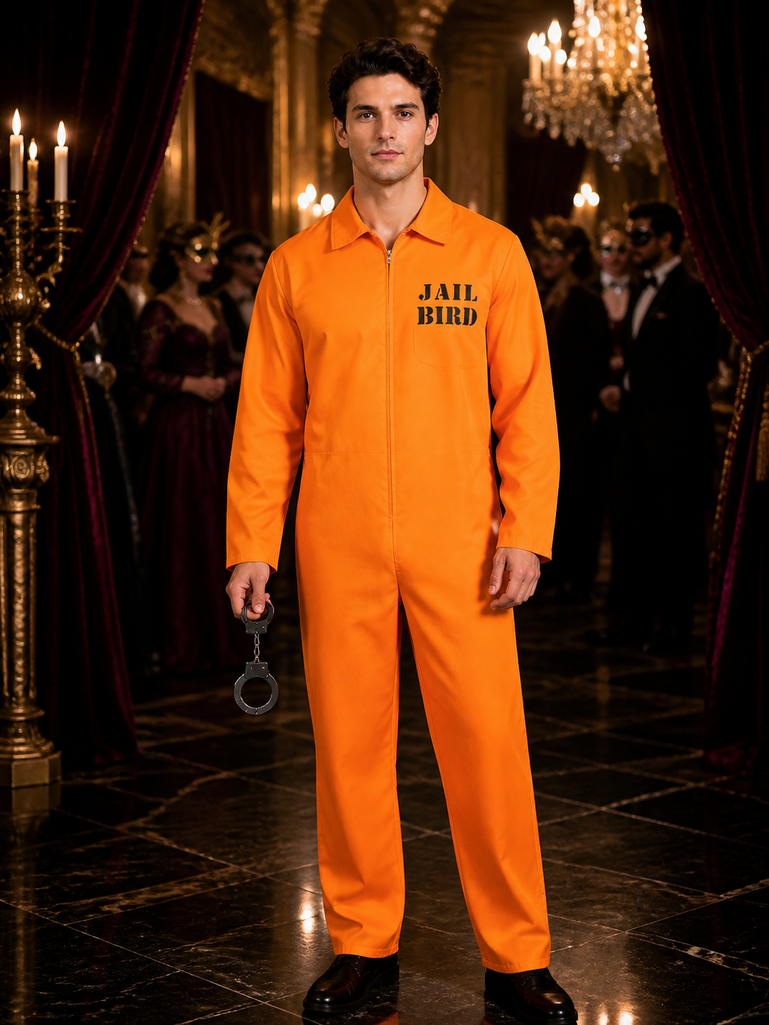 Orange Jail Bird Prison Jumpsuit Costume with Handcuffs Costumes detail