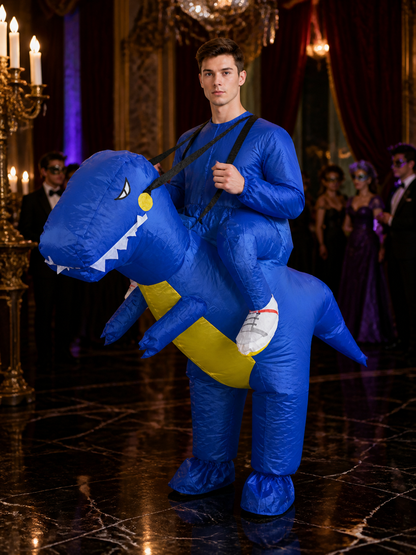 Inflatable Dinosaur Costume, Blue Dino Full Body Suit with Tail and White Teeth Costumes detail