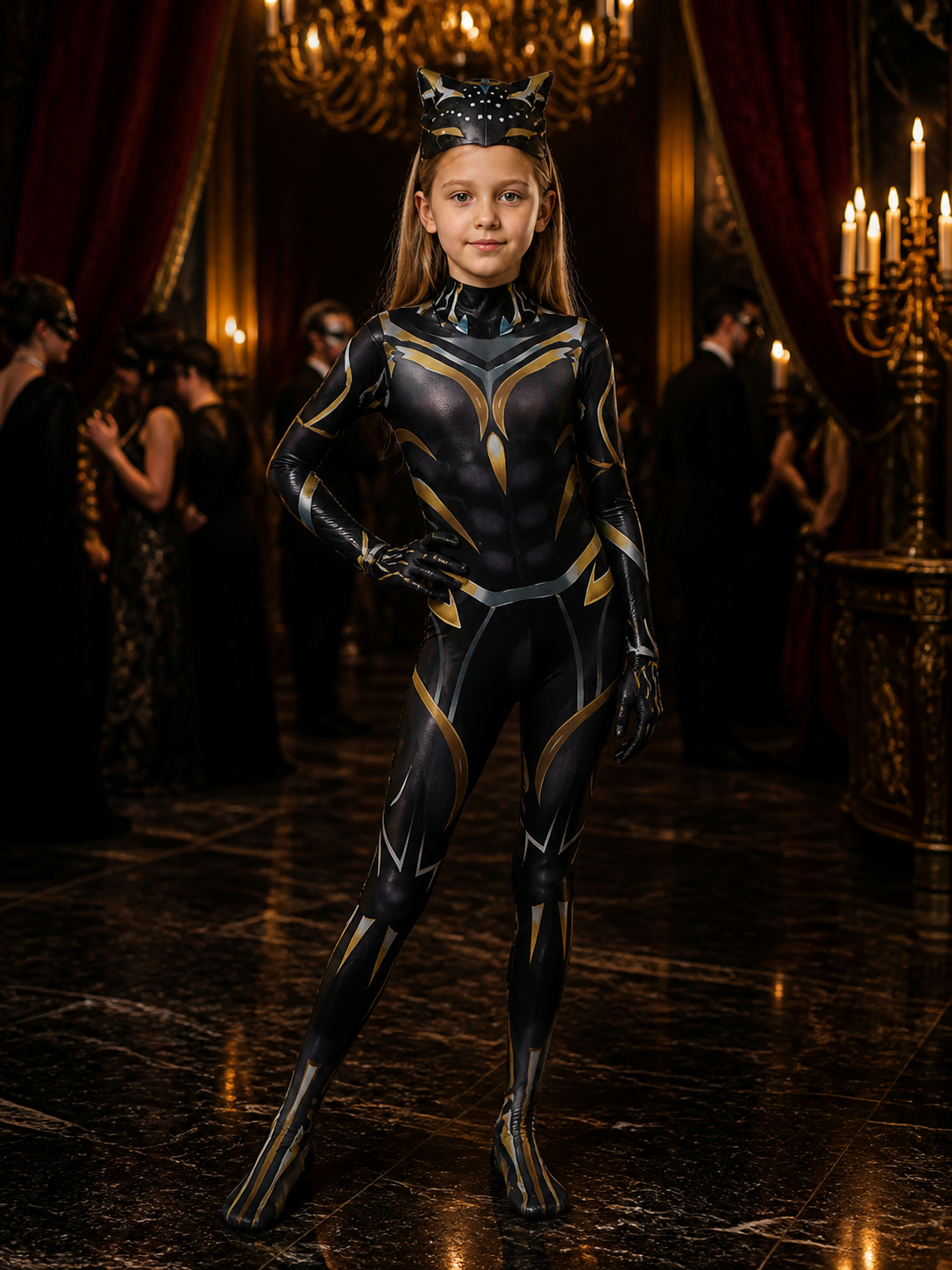 Panther Superhero Bodysuit Costume With Cat-Ear Hood and Geometric Print Costumes detail