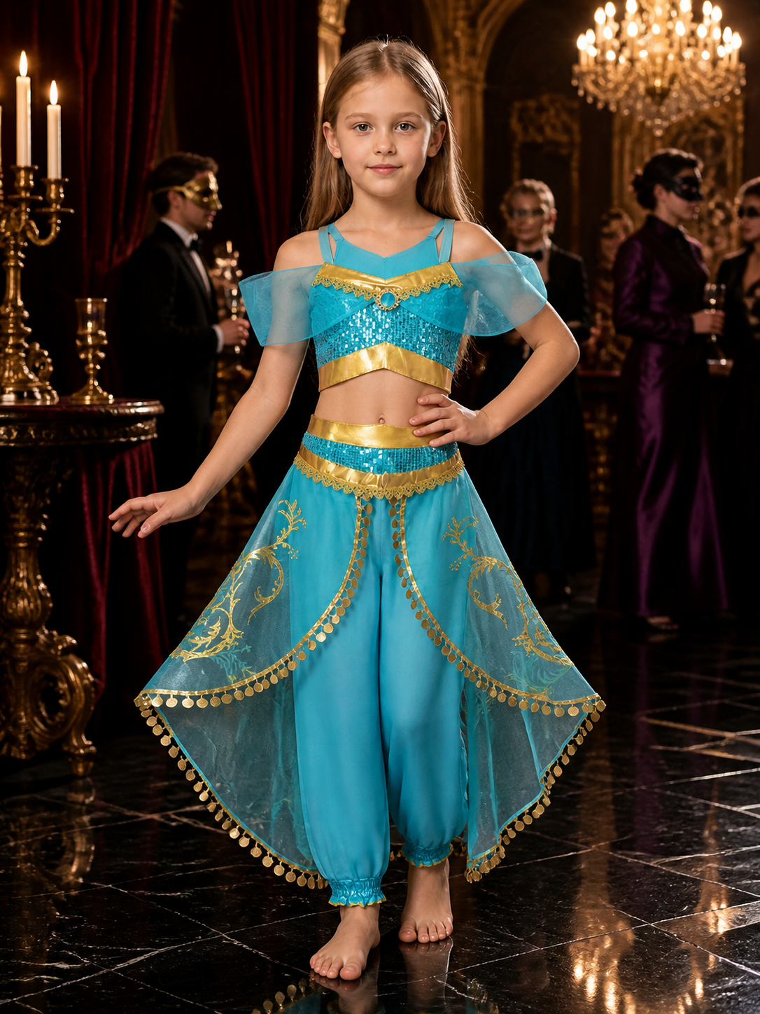 Girls Arabian Princess Halloween Costume Set, Sequined Top and Harem Pants Costumes detail