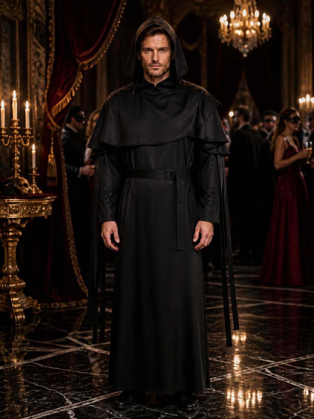 Black Hooded Wizard Robe Costume Set with Layered Shoulders and Belt Costumes detail