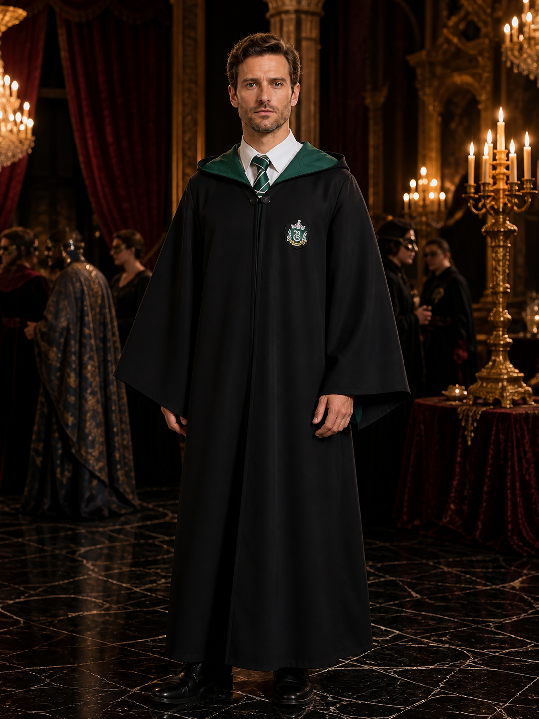 Wizard Costume Set, Hooded Robe With Striped Tie and Embroidered Badge Costumes detail