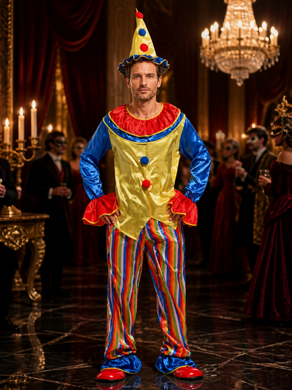 Unisex Adult Clown Costume Set, Striped Jumpsuit with Polka Dot Top and Jester Costumes detail