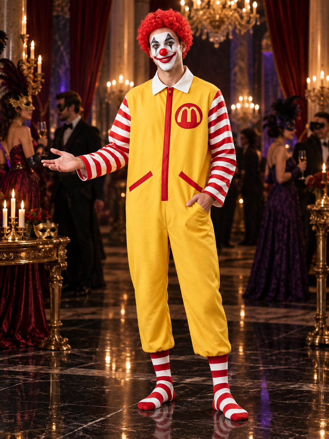 Yellow Clown Costume with Red Wig and Stripes