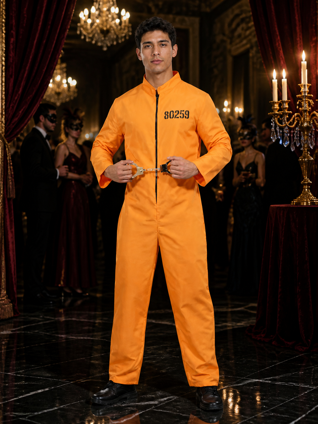 Orange Prisoner Jumpsuit Costume with Handcuffs, Front-Zip Halloween Cosplay Costumes detail