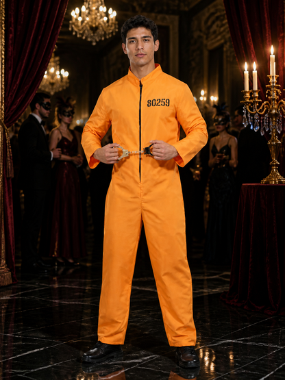 Orange Prisoner Jumpsuit Costume with Handcuffs, Front-Zip Halloween Cosplay Costumes detail
