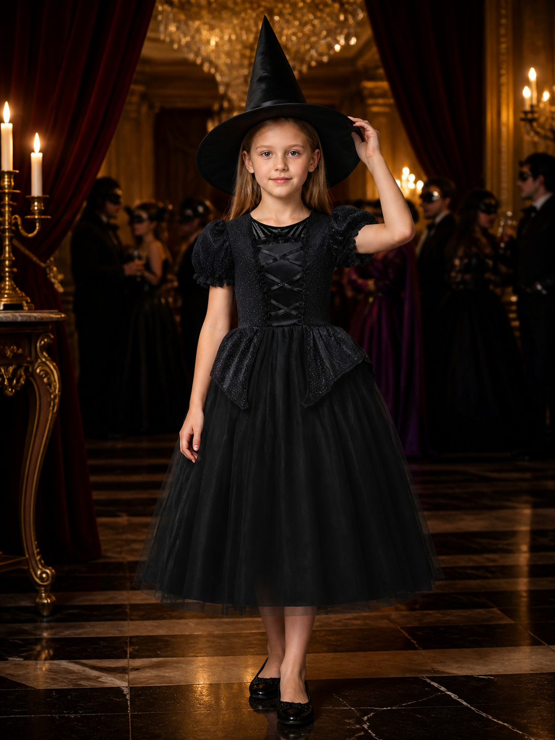 Kids' Witch Costume Dress Set with Hat, Black Puff-Sleeve Halloween Outfit Costume Dresses detail