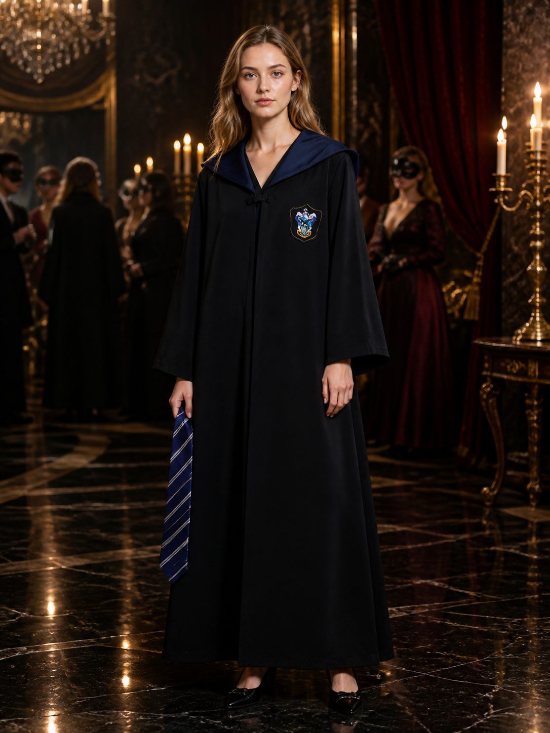 Wizard Robe Costume Set, Long-Sleeve Black Cloak With Blue-White Striped Tie Costume Capes detail