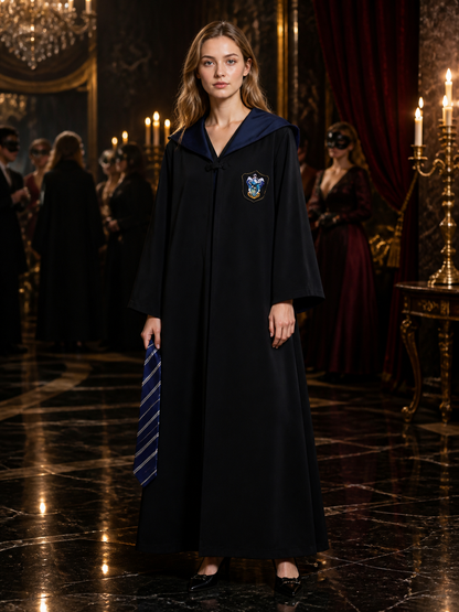Wizard Robe Costume Set, Long-Sleeve Black Cloak With Blue-White Striped Tie Costume Capes detail