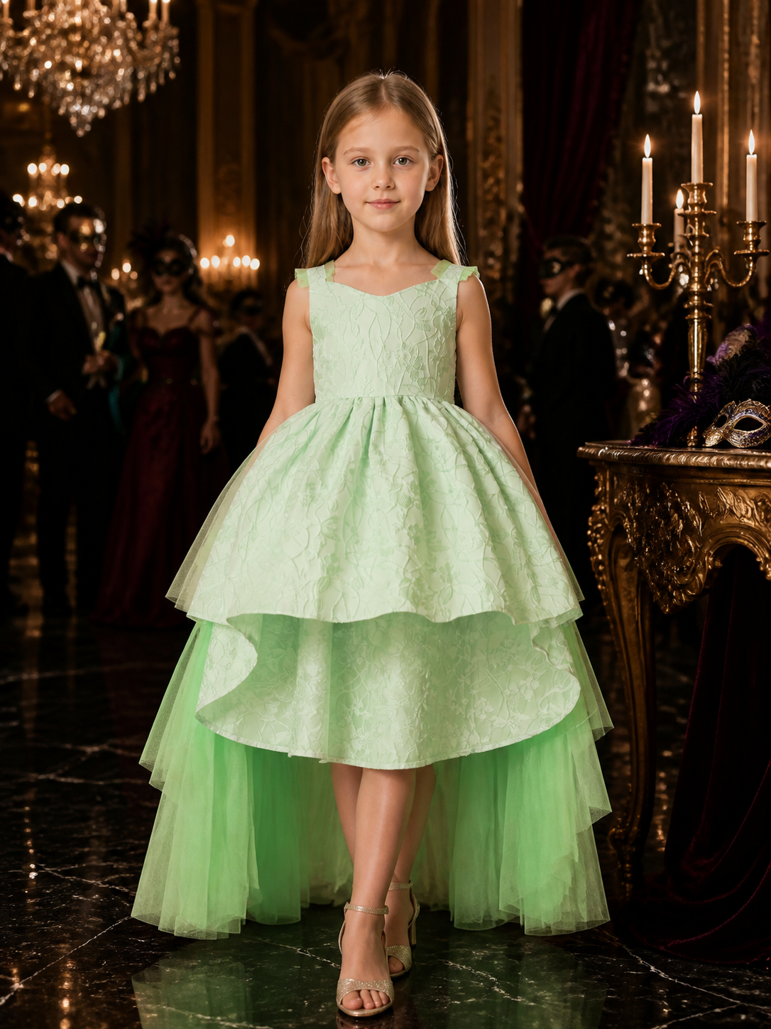 Girls' Apple Green Princess Flower Girl Dress, V-Neck Sleeveless Layered Tulle Costume Dresses detail