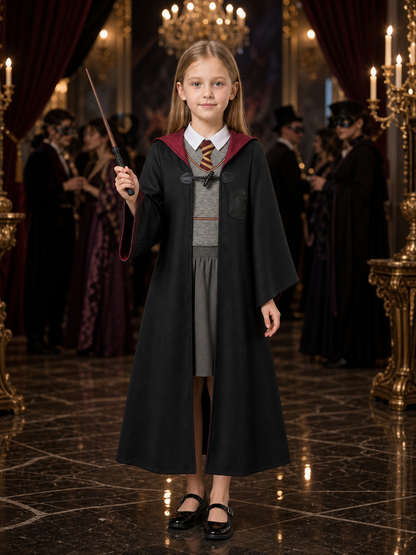 Kids' Wizard Halloween Costume Set with Hooded Robe, Vest, Skirt and Wand Costume Accessories detail