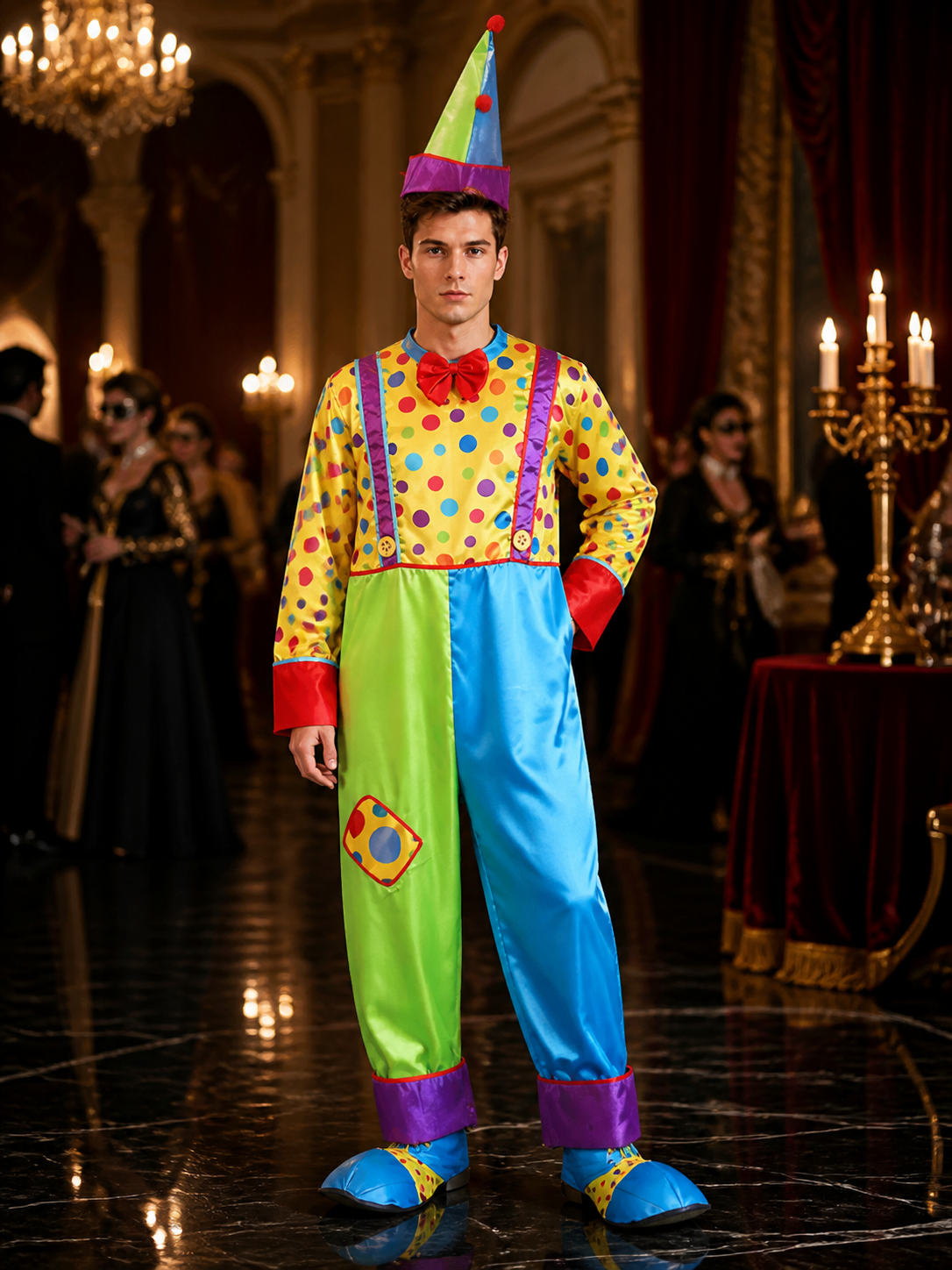 Adult Unisex Clown Jumpsuit Costume, Colorful Dot Print Bodysuit with Matching Costumes detail